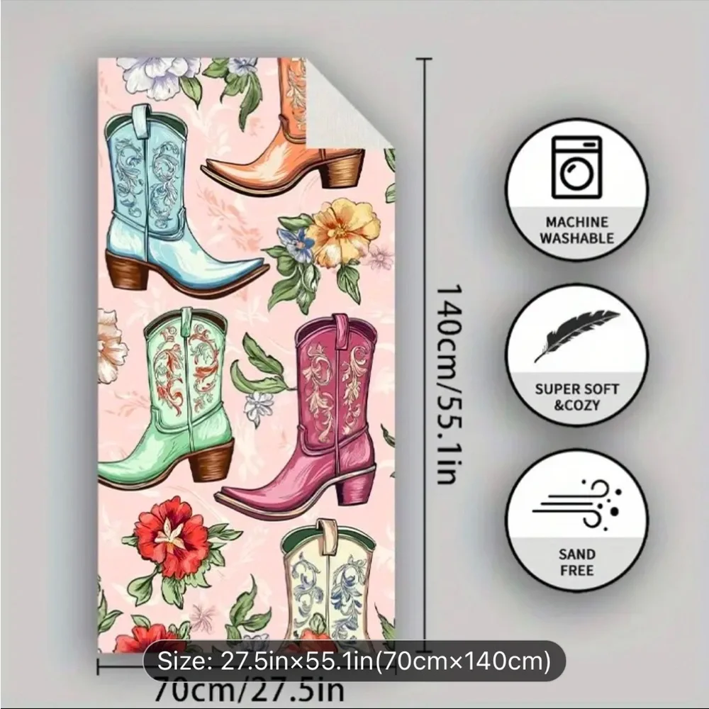 Floral Cowboy Boot Beach Towel microfiber NWT